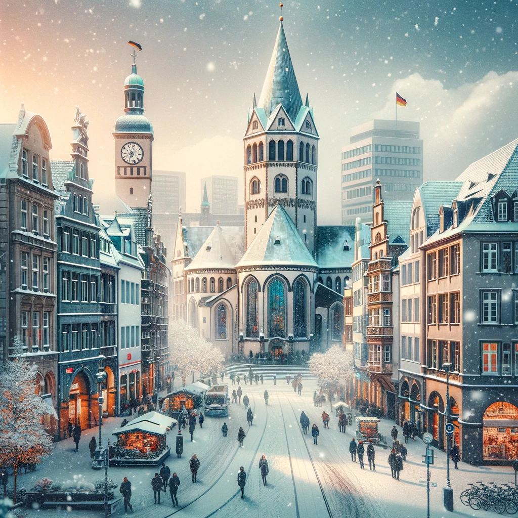Zimowy pejzaż Düsseldorfu z pokrytymi śniegiem ulicami i historyczną architekturą