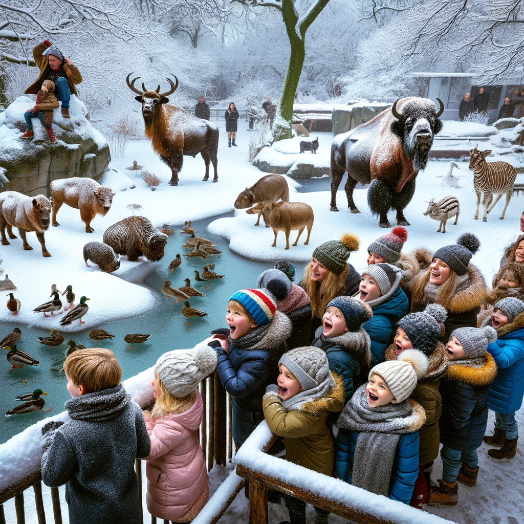 Radosna zimowa scena w Zoo w Hanowerze, z dziećmi i rodzinami obserwującymi zwierzęta w śnieżnym otoczeniu, oddająca ekscytację i zachwyt podczas odwiedzin zoo w styczniu.