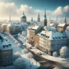 Kopenhaga pokryta śniegiem w styczniu z historycznymi budynkami