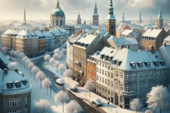 Kopenhaga pokryta śniegiem w styczniu z historycznymi budynkami
