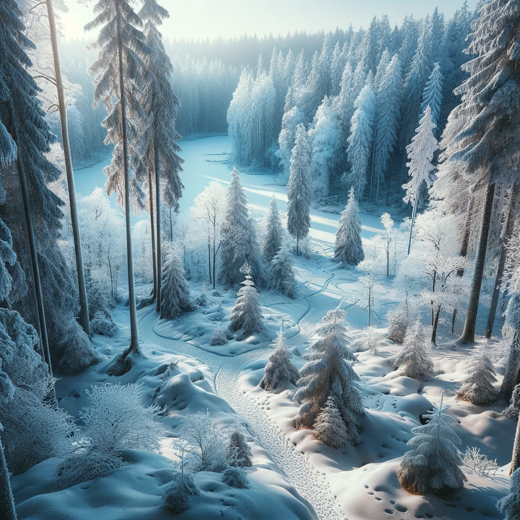 Zimowy krajobraz Parku Narodowego Gauja w Łotwie, pokryty śniegiem las i malownicze szlaki