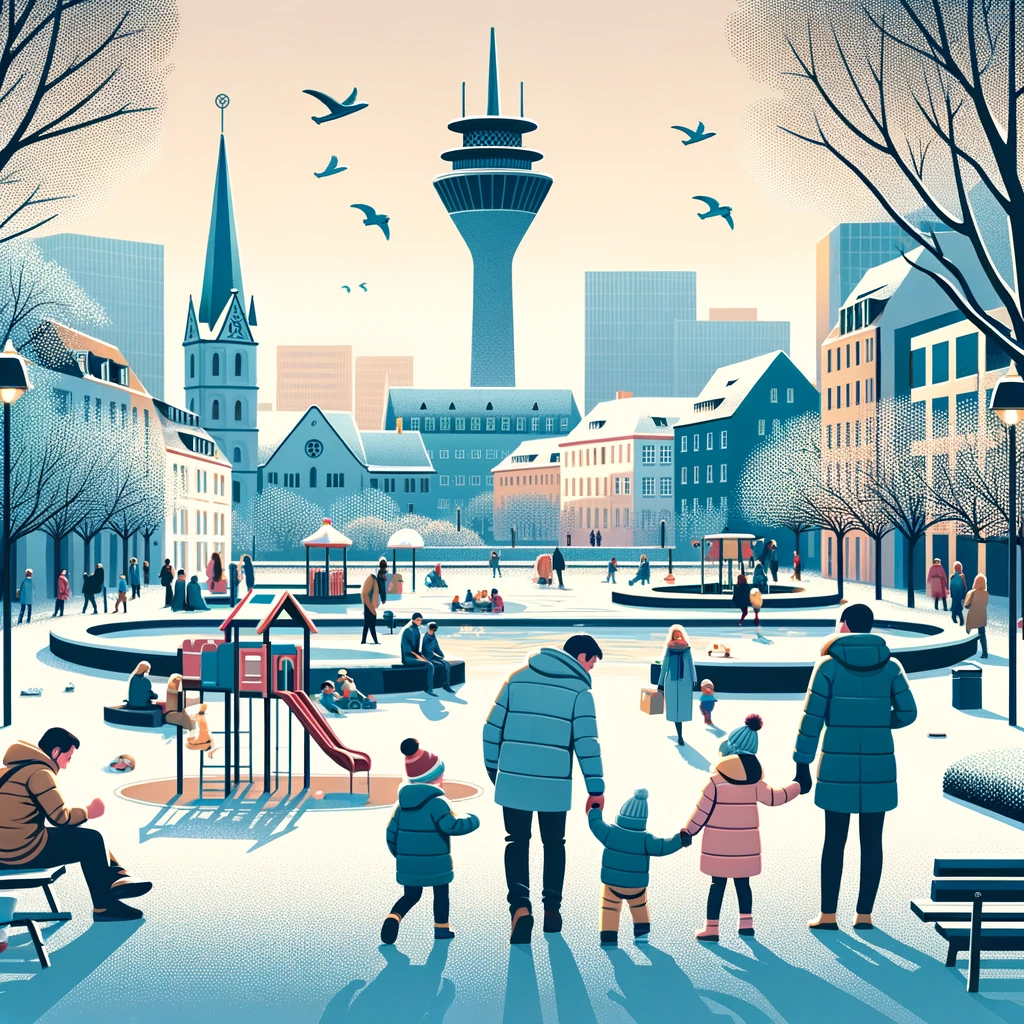 Rodzina bawiąca się w parku w zimowym Düsseldorfie, pokazująca miasto jako przyjazne miejsce dla rodzin z dziećmi