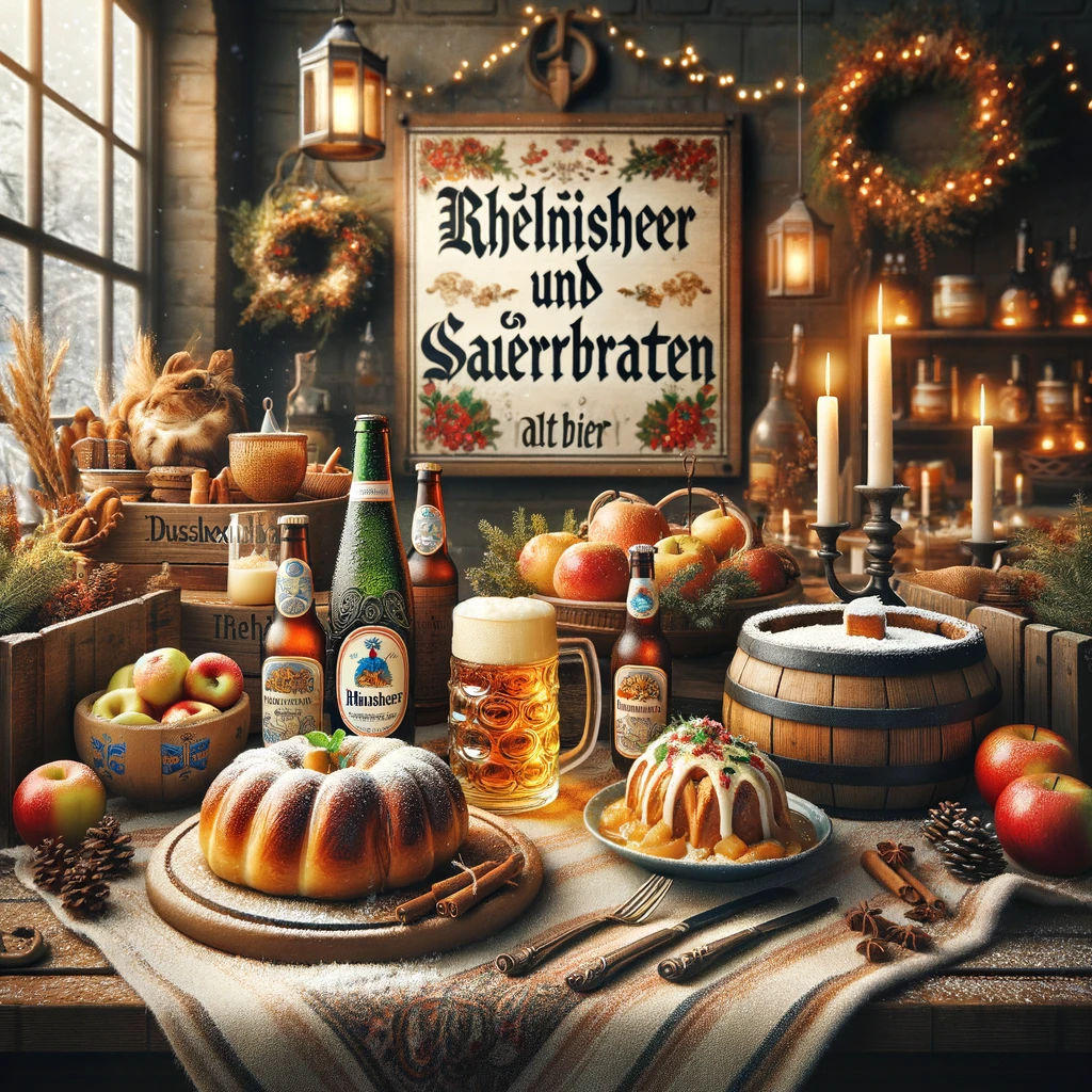 Tradycyjne dania i napoje z Düsseldorfu, w tym Altbier, Rheinischer Sauerbraten, Himmel und Ääd oraz Apfelstrudel