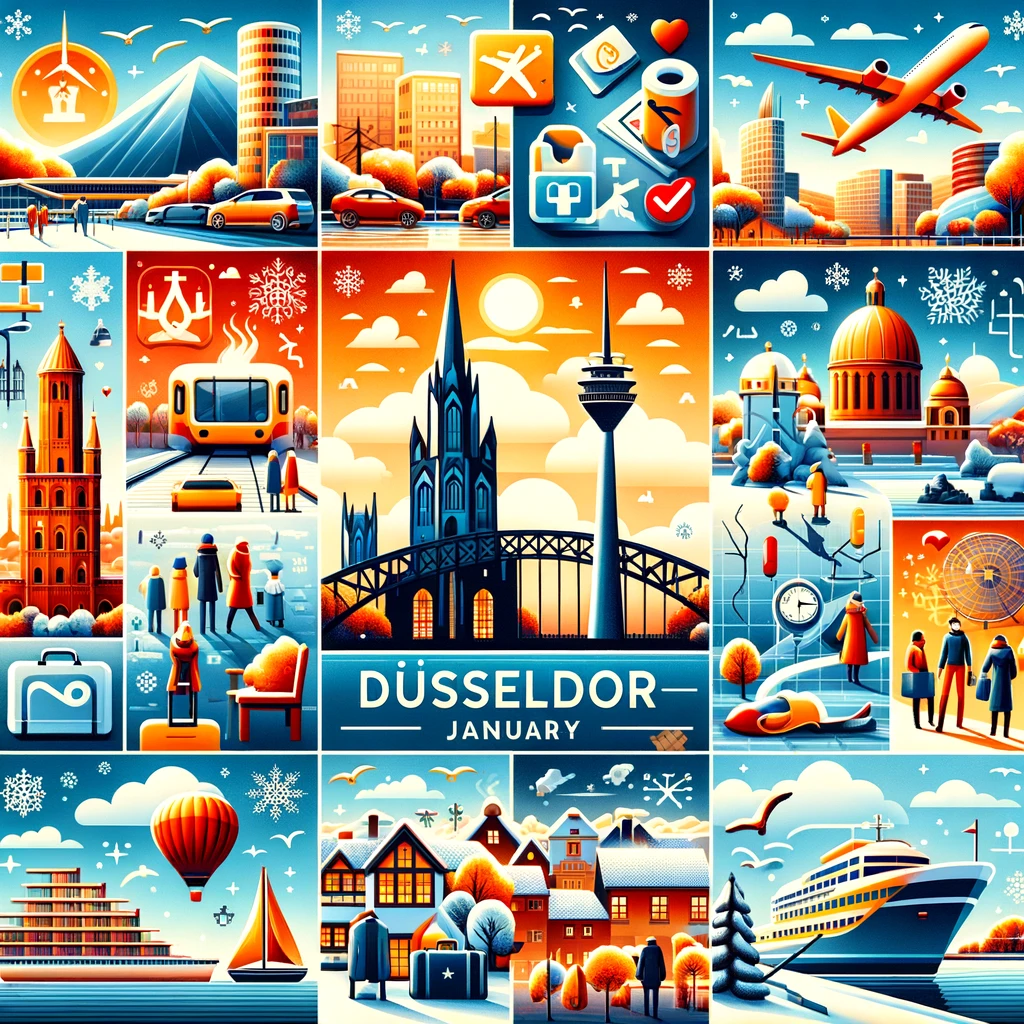 Kolaż przedstawiający praktyczne porady dotyczące podróży do Düsseldorfu w styczniu, w tym transport, zakwaterowanie, lokalne zwyczaje, pogodę i odpowiedni ubiór