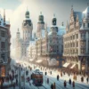 Zimowy krajobraz Lipska z zabytkową architekturą i pokrytymi śniegiem ulicami