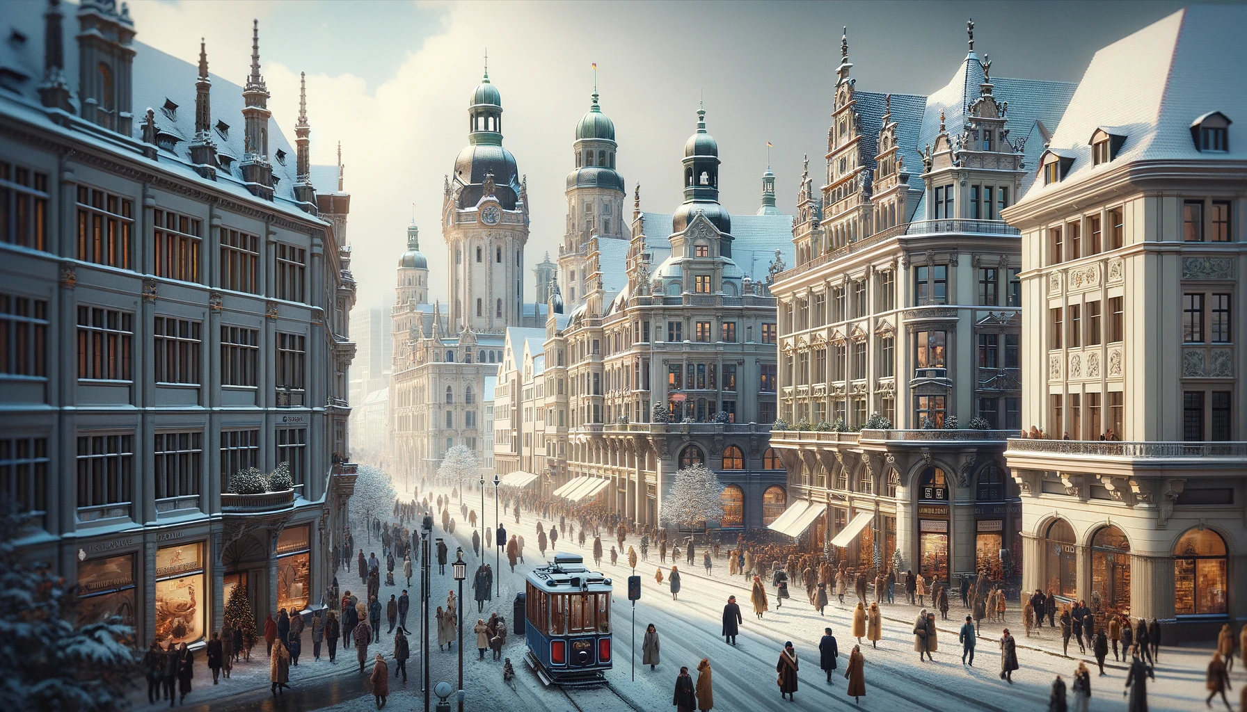 Zimowy krajobraz Lipska z zabytkową architekturą i pokrytymi śniegiem ulicami