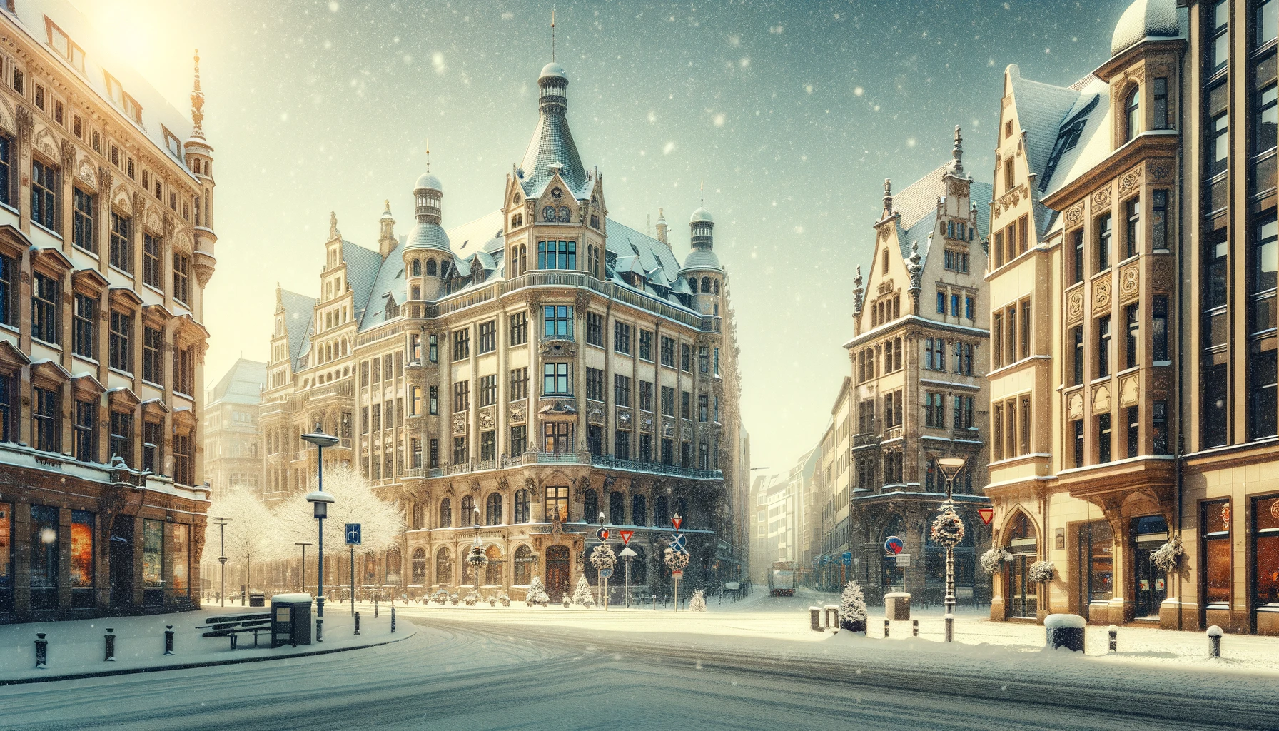 Zimowy pejzaż Lipska z pokrytymi śniegiem ulicami i zabytkową architekturą