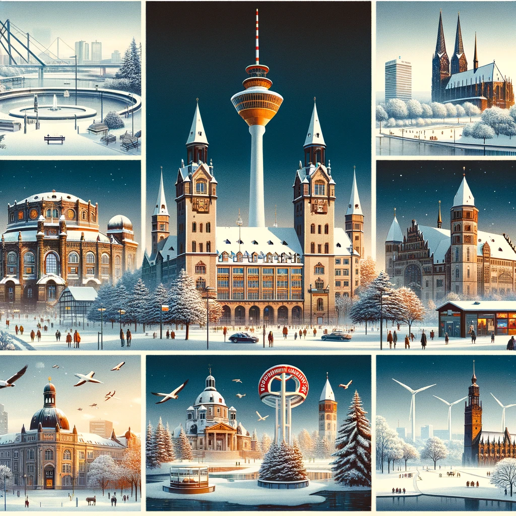 Kolaż przedstawiający główne atrakcje Dortmundu w zimie: Westfalenpark, U-Turm, Reinoldikirche, Muzeum Ostwall i Signal Iduna Park