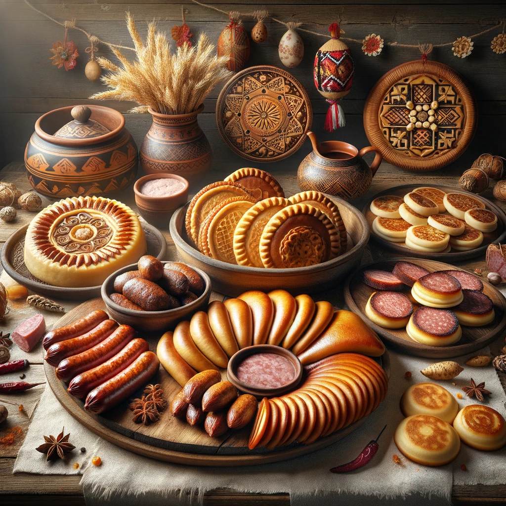 Zdjęcie przedstawiające wybór tradycyjnych litewskich potraw, w tym Kibinai (paszteciki z mięsem), Šakotis (ciasto w kształcie drzewa), Skilandis (wędzona kiełbasa) i Bulviniai Blynai (placki ziemniaczane), artystycznie ułożone na rustykalnym stole z litewskimi elementami dekoracyjnymi.