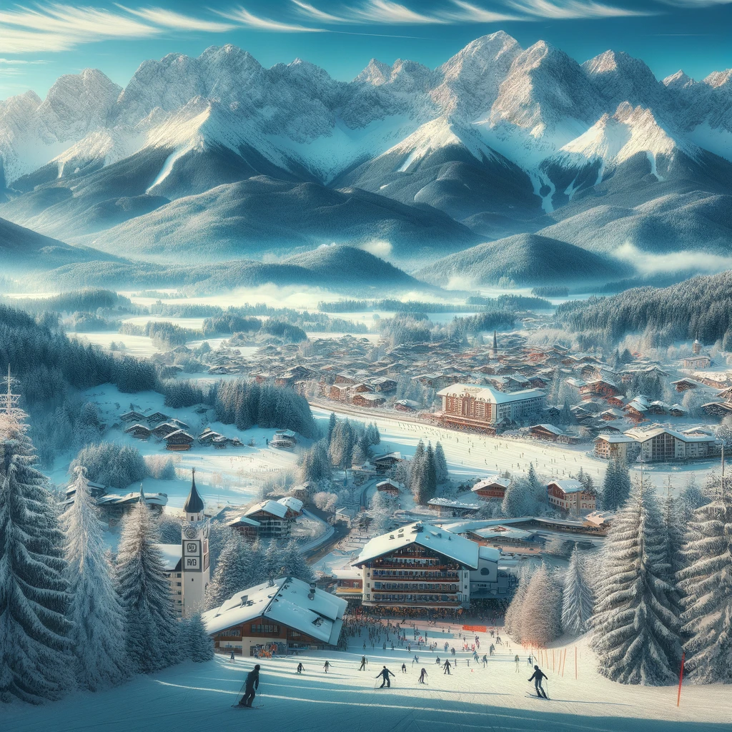 Zimowy krajobraz w Bawarskich Alpach, Niemcy, z ośrodkiem narciarskim Garmisch-Partenkirchen, pokrytymi śniegiem górami i narciarzami na stokach.