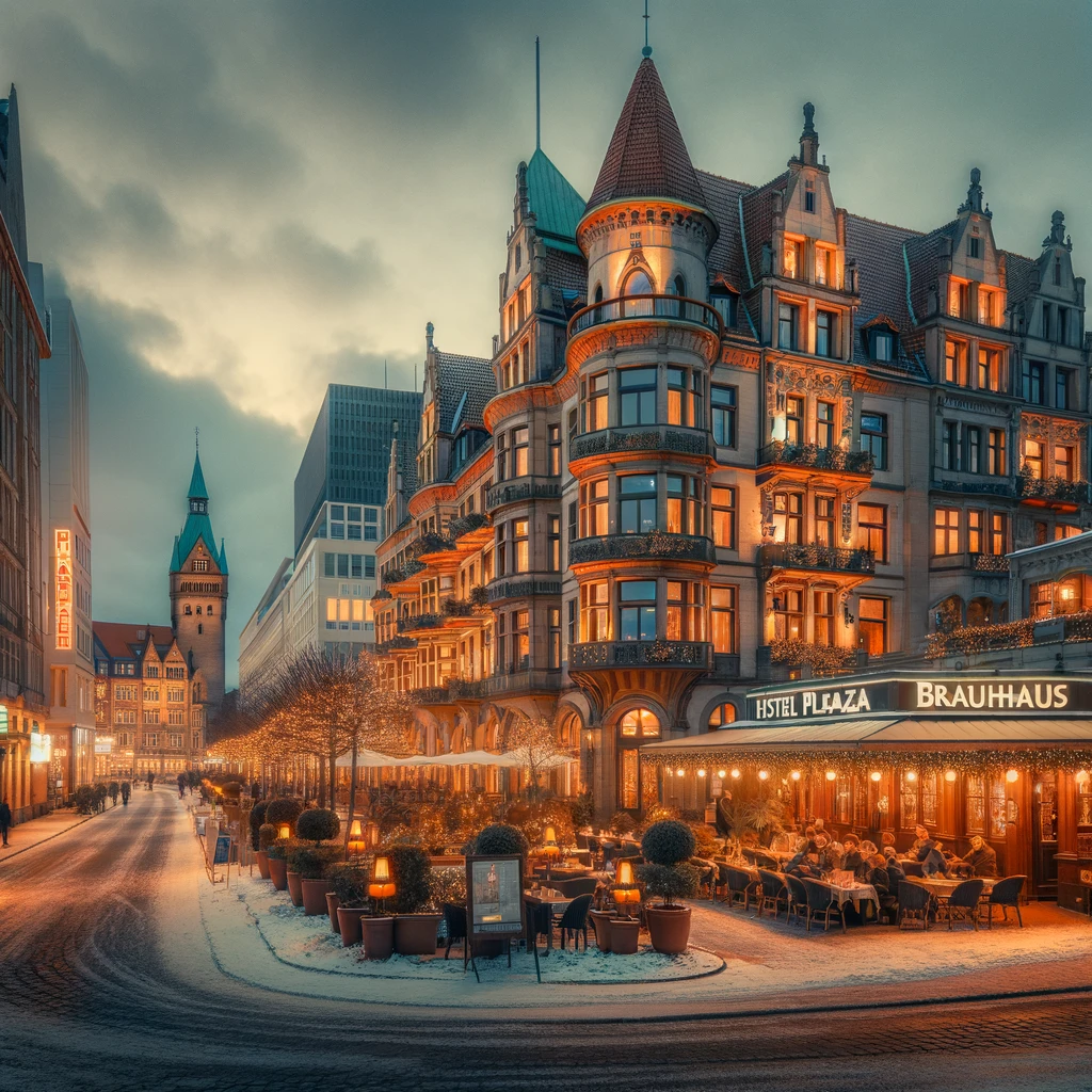 Przytulny wieczorny widok w Hanowerze, z widokiem na Hotel Plaza Hannover i pobliską tradycyjną niemiecką restaurację Brauhaus Ernst August, ukazujący ciepłą i gościnną atmosferę miasta podczas zimowego weekendu.