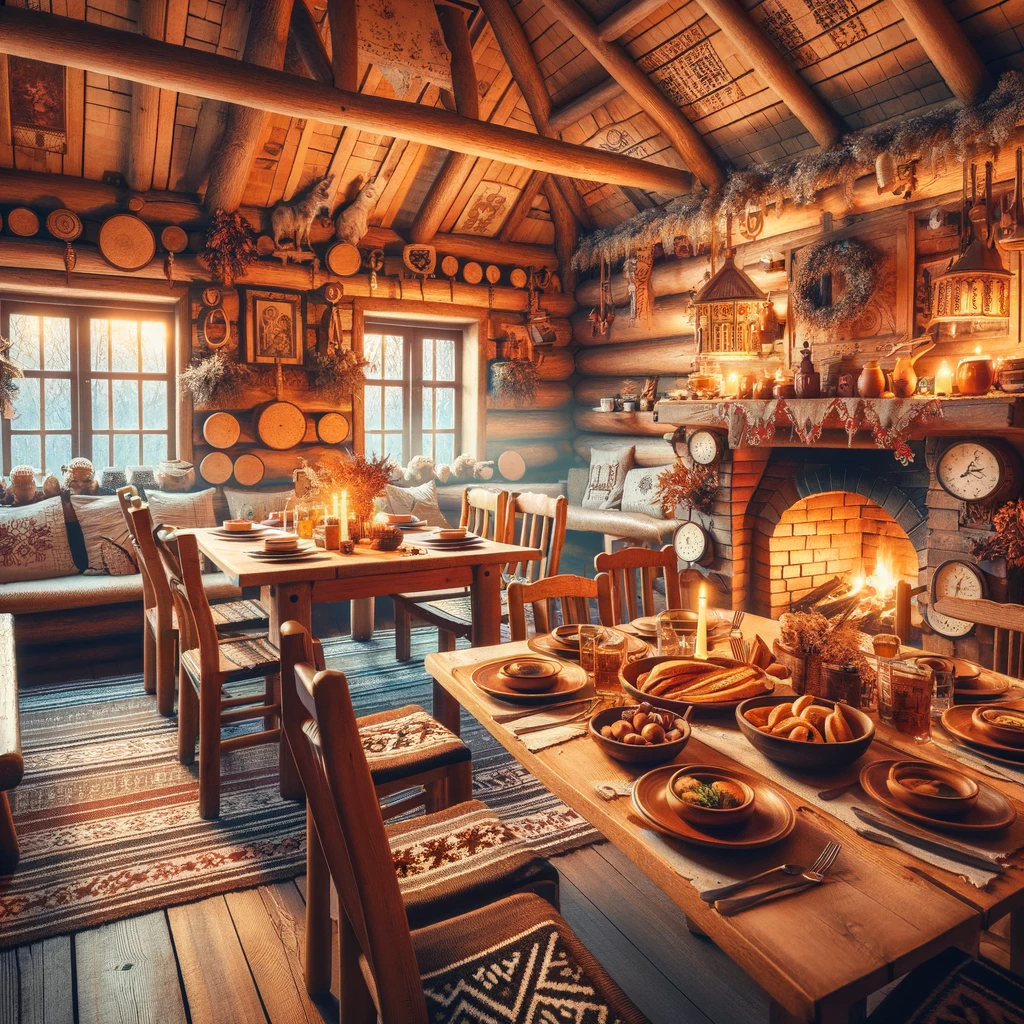 Przytulne wnętrze tradycyjnej łotewskiej restauracji z drewnianymi stołami i tradycyjnymi daniami