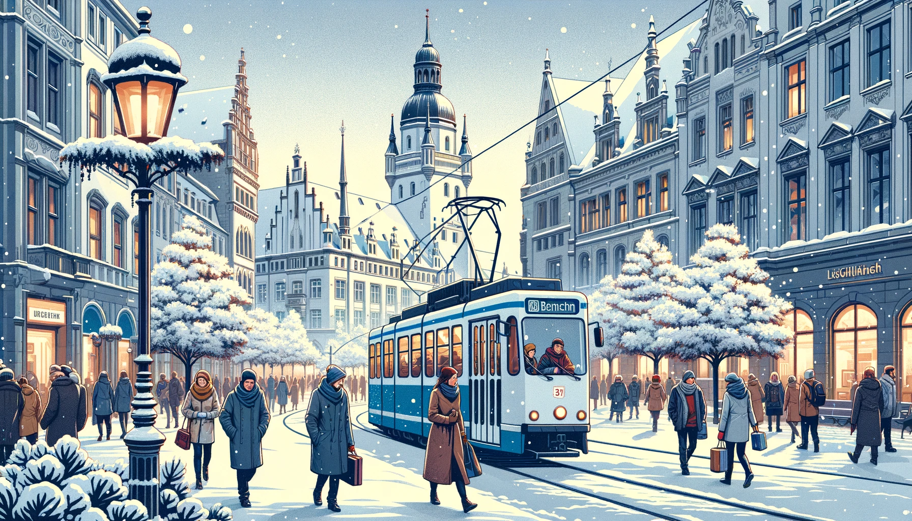 Malowniczy zimowy krajobraz w Lipsku z ludźmi korzystającymi z publicznego transportu