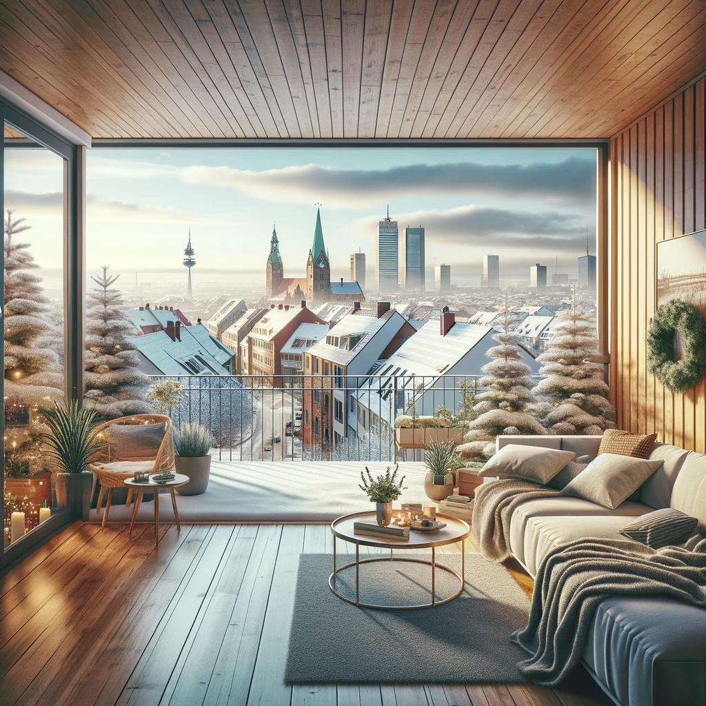 Malowniczy widok na przytulny apartament w Hanowerze, Niemcy, z widokiem na panoramę miasta w tle, przedstawiający komfortową i przyjemną opcję zakwaterowania na dłuższy pobyt w mieście zimą.