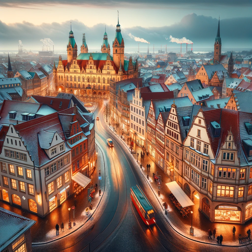 Panoramiczny widok historycznego Starego Miasta (Altstadt) w Hanowerze, Niemcy, podczas zimowego wieczoru, ukazujący urokliwe uliczki, tradycyjną architekturę i tętniącą życiem atmosferę kulturową.
