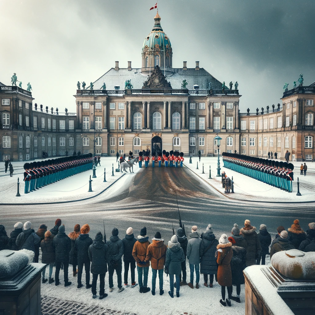 Widok na Pałac Amalienborg w Kopenhadze podczas zimowego dnia, turyści obserwujący zmianę warty