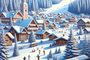Zimowy pejzaż na Litwie z pokrytymi śniegiem dachami, małym stokiem narciarskim i rodzinami cieszącymi się śnieżnym otoczeniem.