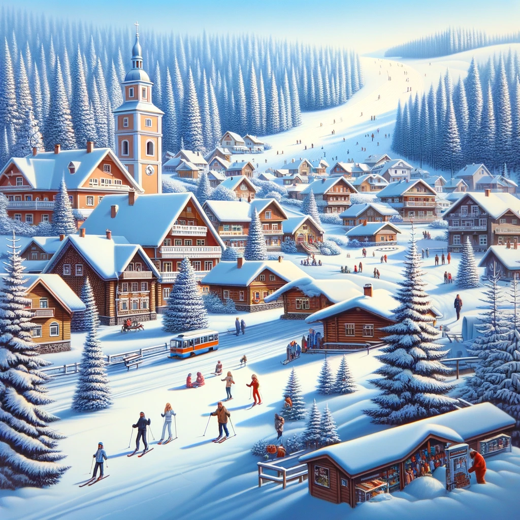 Zimowy pejzaż na Litwie z pokrytymi śniegiem dachami, małym stokiem narciarskim i rodzinami cieszącymi się śnieżnym otoczeniem.