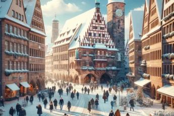 Zimowy widok Norymbergi, Niemcy - historyczne budynki pokryte śniegiem