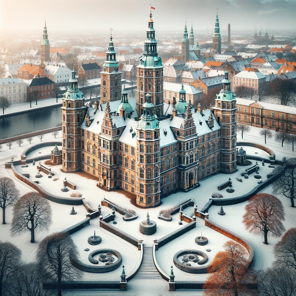 Zamek Rosenborg w Kopenhadze podczas śnieżnego styczniowego dnia, otoczony Królewskimi Ogrodami