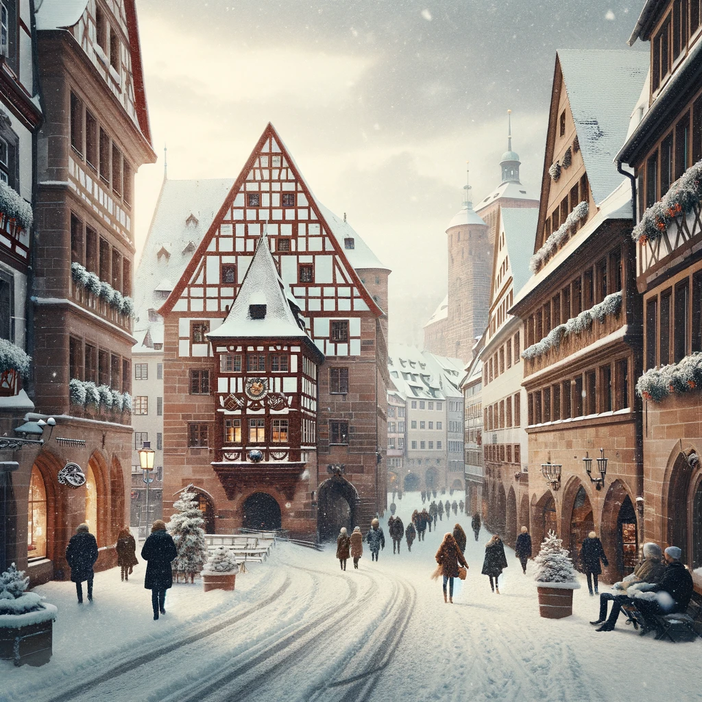 Zimowa sceneria w Norymberdze z pokrytymi śniegiem historycznymi budynkami