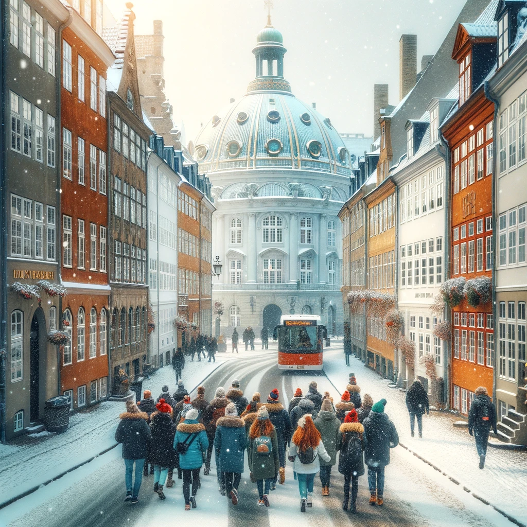 Grupa turystów na pieszej wycieczce po zimowej Kopenhadze, odkrywająca urokliwe ulice i historyczne budynki