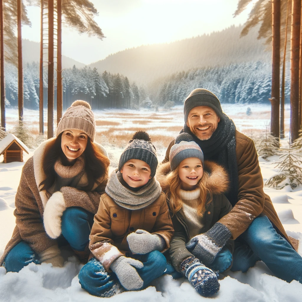 Rodzina bawiąca się na śniegu w Parku Narodowym Aukštaitija na Litwie.