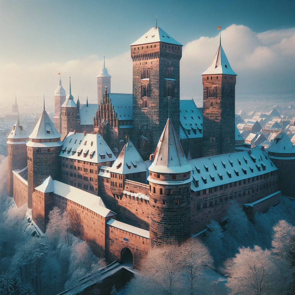 Zamek Norymberski pokryty śniegiem w zimowej scenerii