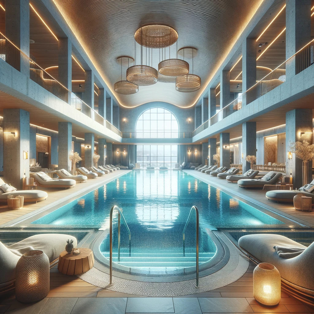 Luksusowy kryty basen w hotelu na Litwie, z akcentem na relaks i wellness.