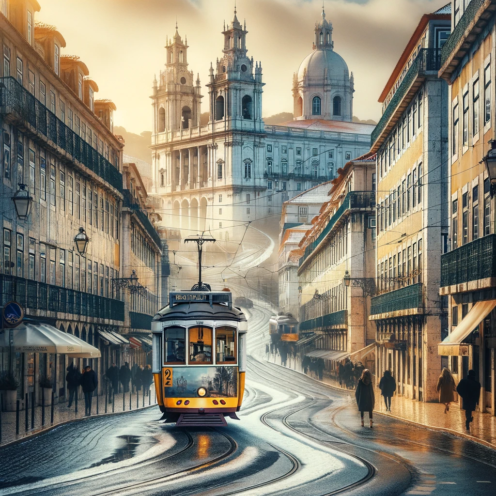 Widok na historyczną architekturę Lizbony w styczniu z charakterystycznymi żółtymi tramwajami