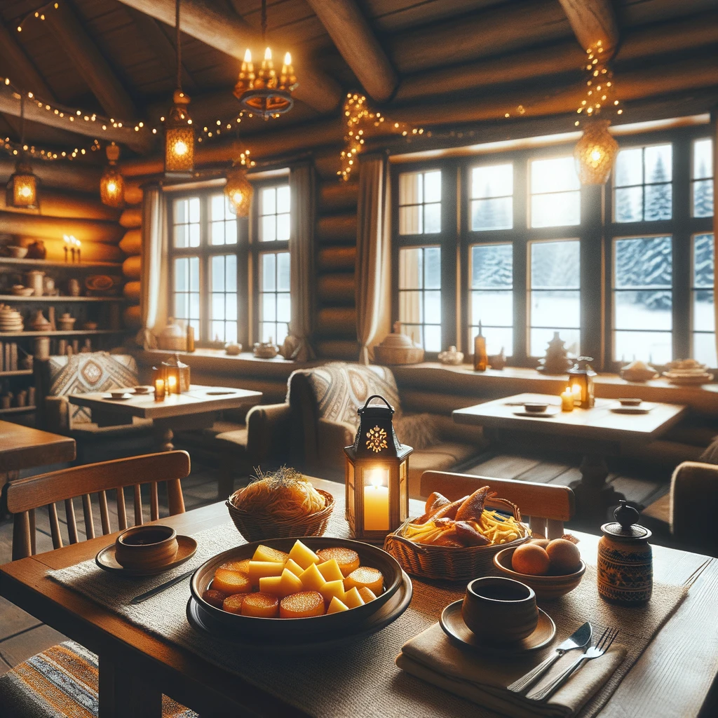 Przytulne wnętrze tradycyjnej litewskiej restauracji zimą, z klasycznymi daniami takimi jak Cepeliny i Šaltibarščiai.