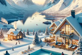 Zimowy krajobraz w Norwegii z rodziną na nartach i górskim domkiem z basenem