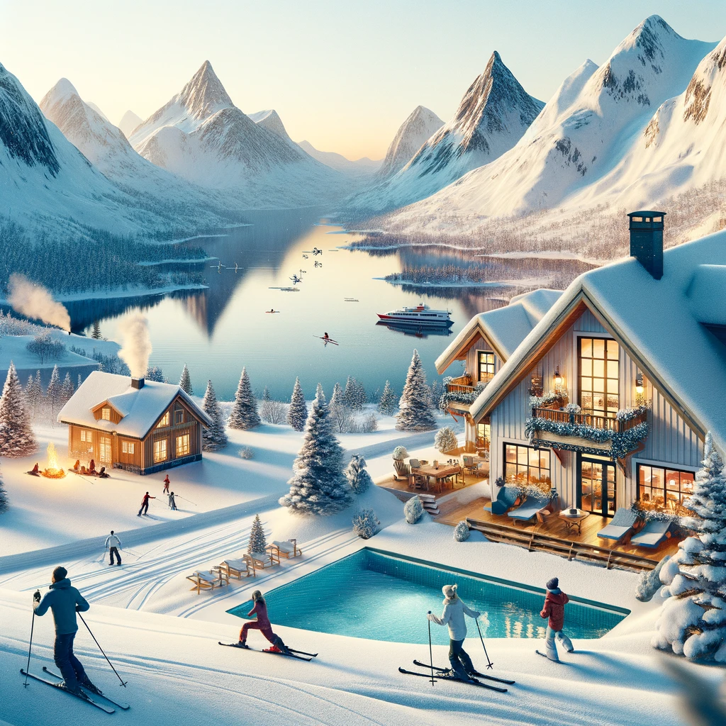 Zimowy krajobraz w Norwegii z rodziną na nartach i górskim domkiem z basenem