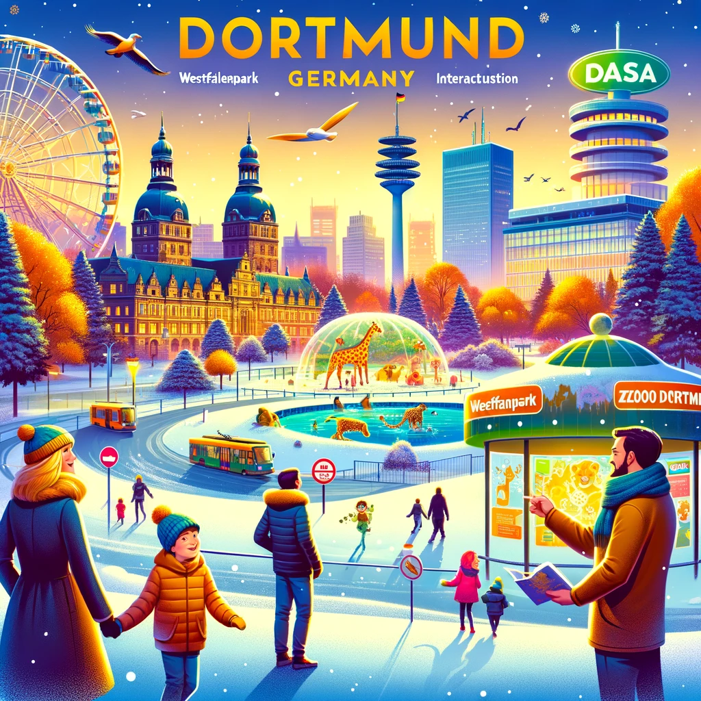 Rodzinna scena w Dortmundzie z atrakcjami dla dzieci, w tym Westfalenpark i Zoo Dortmund