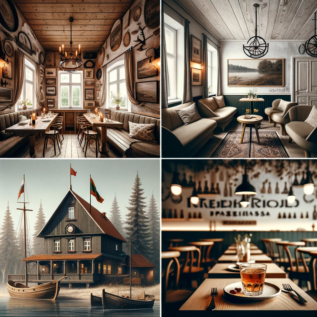 Kolaż przedstawiający wnętrza czterech różnych litewskich restauracji: rustykalny urok 'Etno Dvaras', elegancję 'Medžiotojų Užeiga', nowoczesny motyw morski 'Friedricho Pasazas' i prostotę 'Kybynlar', każda część ukazuje wyjątkową atmosferę i danie charakterystyczne dla każdej restauracji.