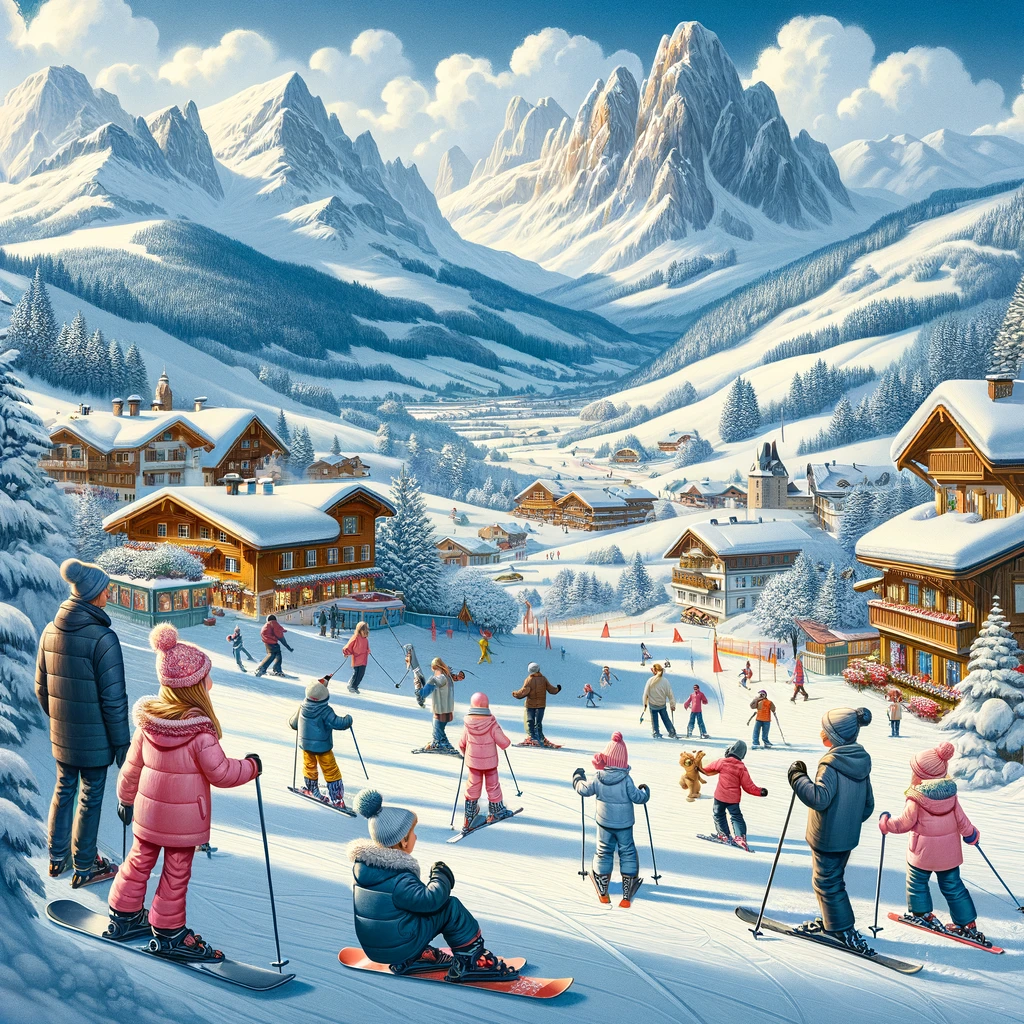 Rodzinna scena zimowa w Winterbergu, Niemcy, z dziećmi cieszącymi się narciarstwem i snowboardingiem na łagodnych stokach, a rodzice obserwujący w tle malownicze, śnieżne góry.