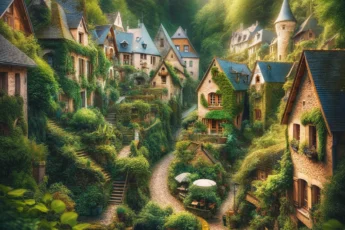 Malownicza wioska europejska ukryta wśród bujnej zieleni, z brukowanymi uliczkami i urokliwymi domami