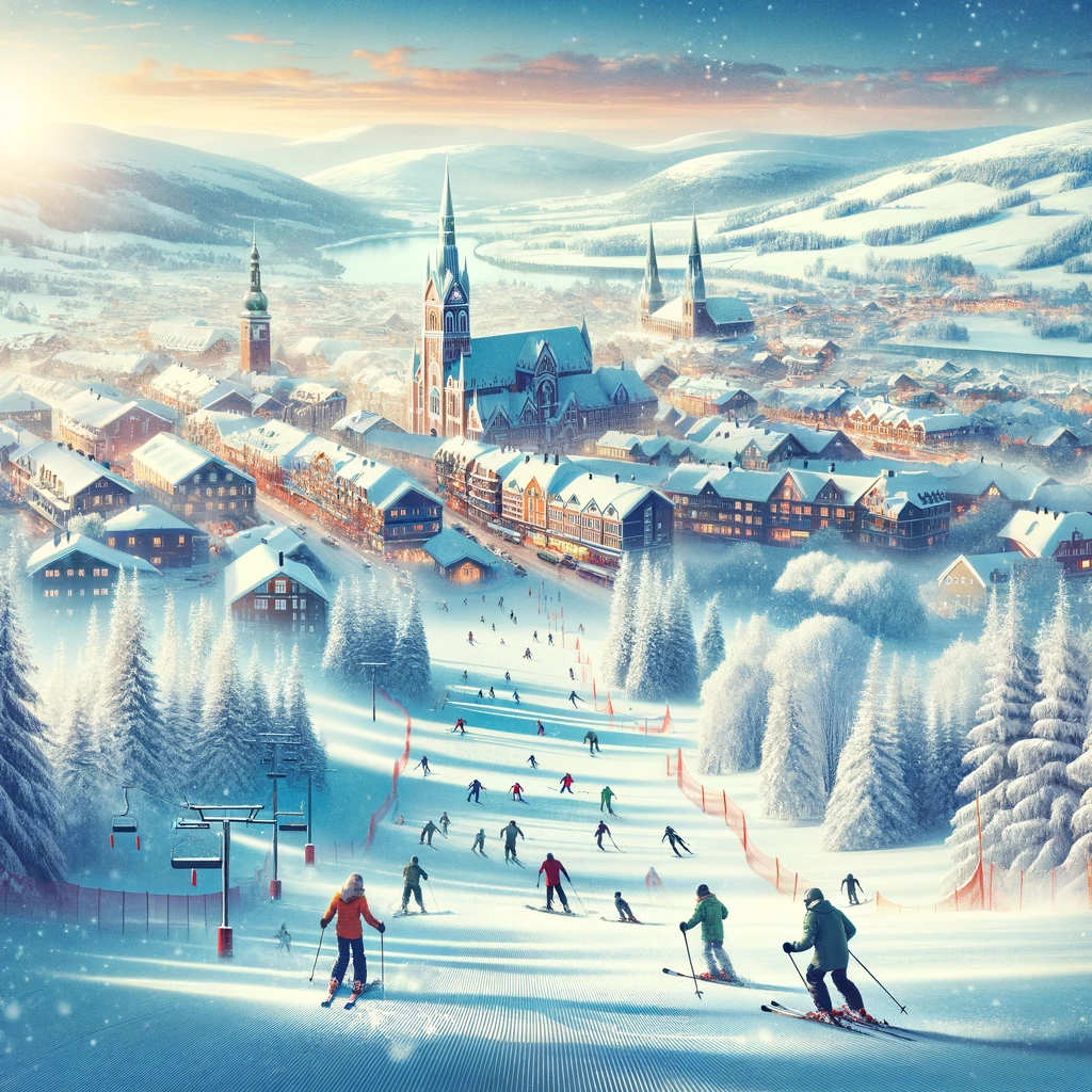 Zimowy krajobraz Lillehammer w Norwegii z pokrytymi śniegiem stokami narciarskimi i malowniczym miastem w tle
