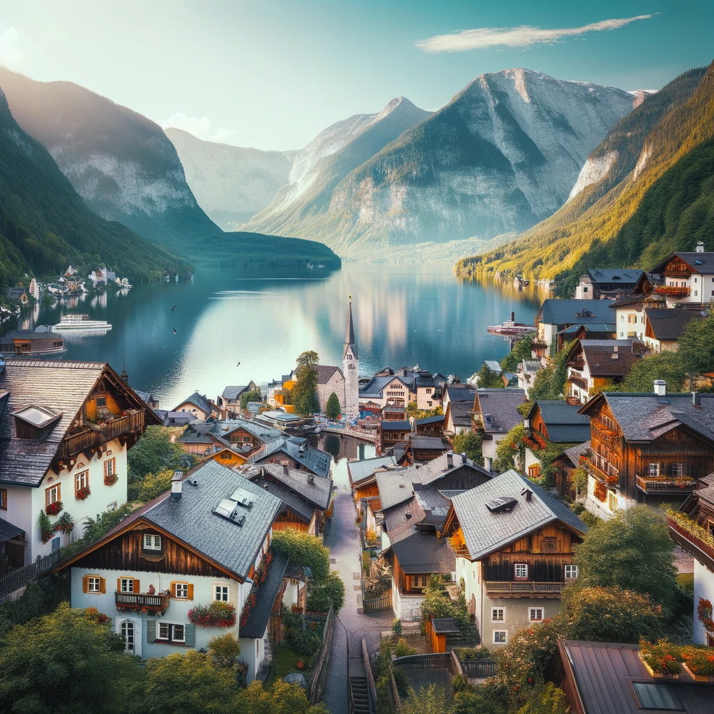 Malowniczy widok na wioskę Hallstatt w Austrii z urokliwymi domami i pięknym jeziorem otoczonym przez góry