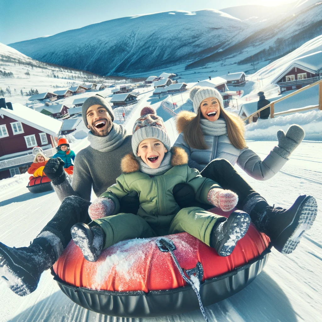 Rodzina bawi się na snowtubingu w norweskim kurorcie zimowym
