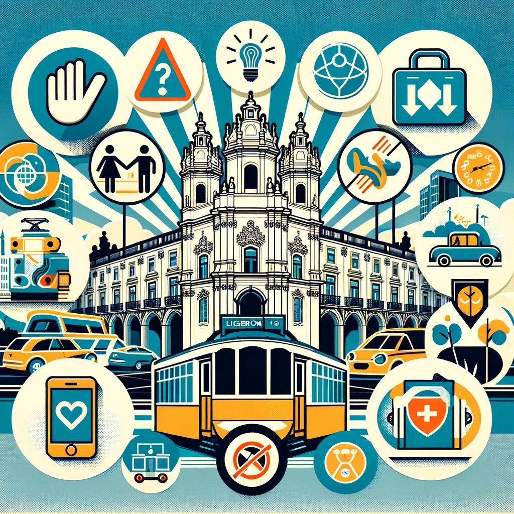 Kompozytowe zdjęcie przedstawiające praktyczne informacje dla turystów w Lizbonie, w tym ikony transportu publicznego jak metro i tramwaje, symbol bezpieczeństwa, szacunek kulturowy oraz zapraszający obraz zabytków Lizbony