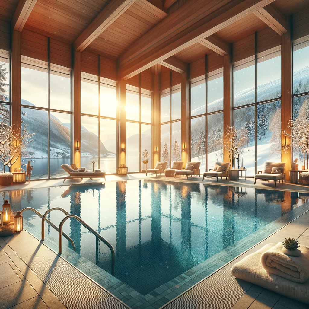 Luksusowy hotel z basenem w Norwegii z widokiem na zimowy krajobraz