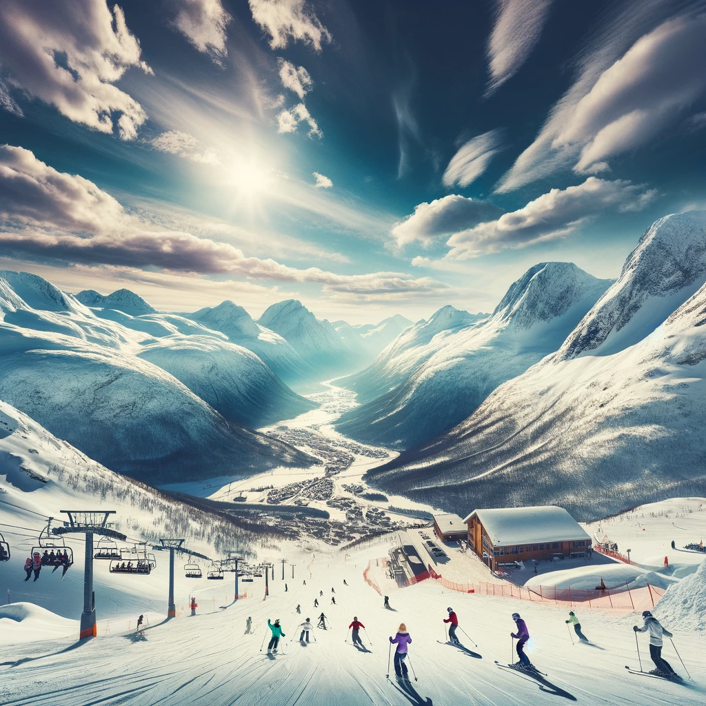 Widok na ośrodek narciarski w Norwegii z narciarzami na śnieżnych stokach
