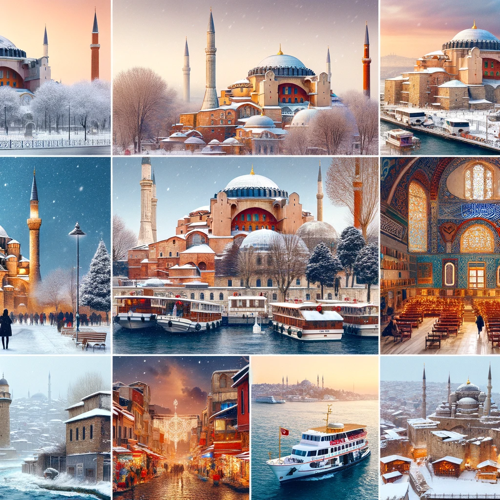 Kolaż głównych atrakcji Stambułu zimą: Hagia Sophia, Pałac Topkapi, Błękitny Meczet, Wielki Bazar, Bazar Przypraw, Wieża Galata i rejs po Bosforze