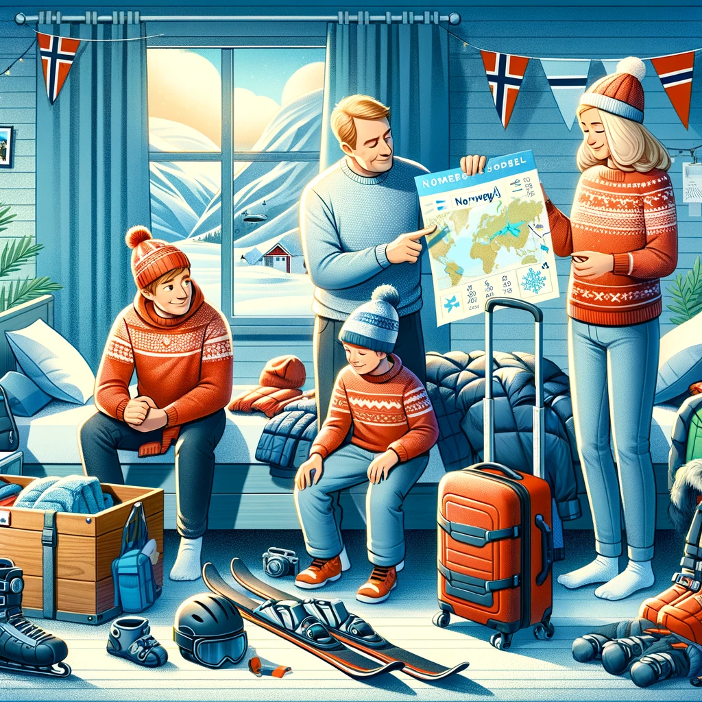 Rodzina przygotowująca się do wyjazdu na narty w Norwegii: sprawdzanie pogody, pakowanie zimowych ubrań i przygotowanie sprzętu narciarskiego