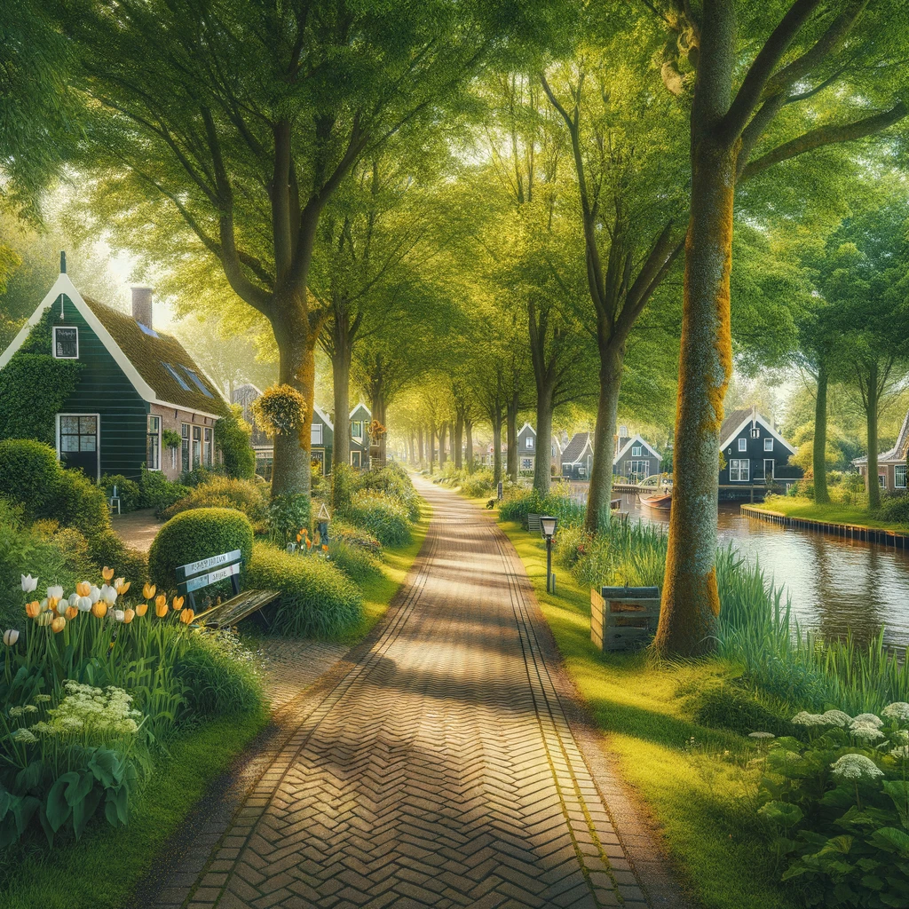 Malownicza ścieżka spacerowa w Giethoorn, Holandia, ukazująca bujną zieleń i spokojną atmosferę, idealna na spokojny spacer wzdłuż naturalnego piękna wioski