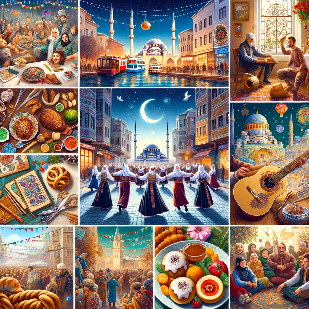 Kolaż przedstawiający kulturalne wydarzenia i tradycyjną kulturę turecką w Stambule: festiwal muzyki i tańca, wystawy sztuki, festiwal kulinarny, tradycyjne rzemiosło, i przyjazne interakcje lokalne