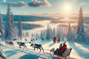 Rodzina ciesząca się jazdą na saniach z reniferami w śnieżnym krajobrazie Finlandii