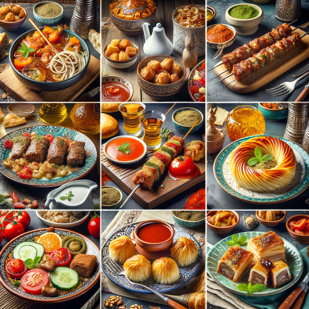 Kolaż popularnych tureckich dań i deserów, w tym kebab, baklava i menemen, w tradycyjnym tureckim otoczeniu