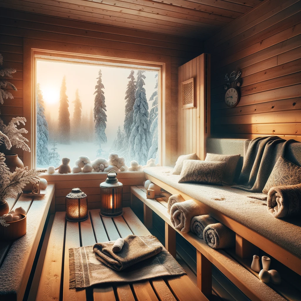 Fińska sauna z widokiem na śnieżny krajobraz, symbol relaksu i ciepła fińskiej kultury